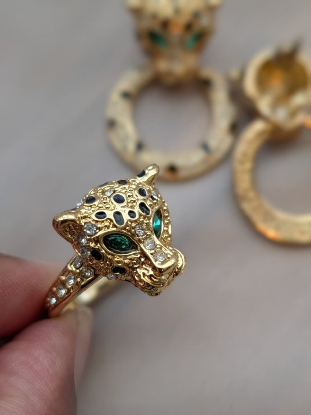 Gold Panther Statement Jewelry Set | Ring + Drop Earrings | Emerald Eyes | Luxe